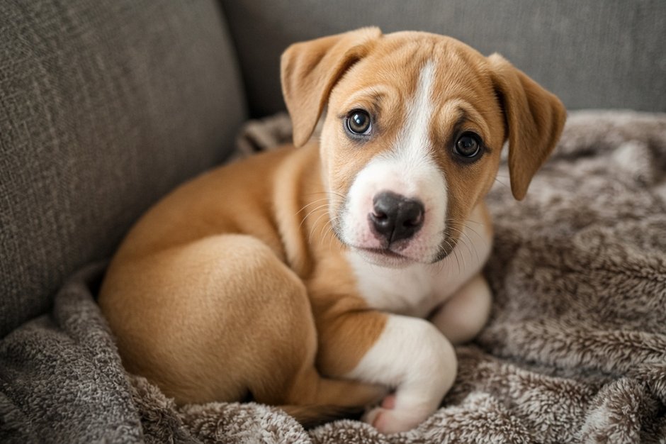 Bully-breed puppy resting on a living room couch