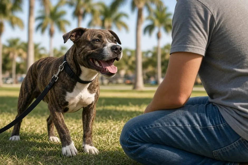 Brindle pitbull mix sitting in a sunny park