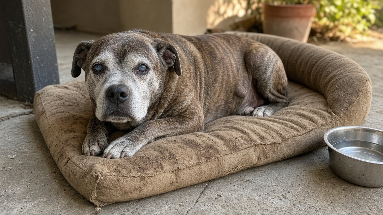 Illustrative photo: elderly grey-muzzled pit bull mix resting on a worn dog bed