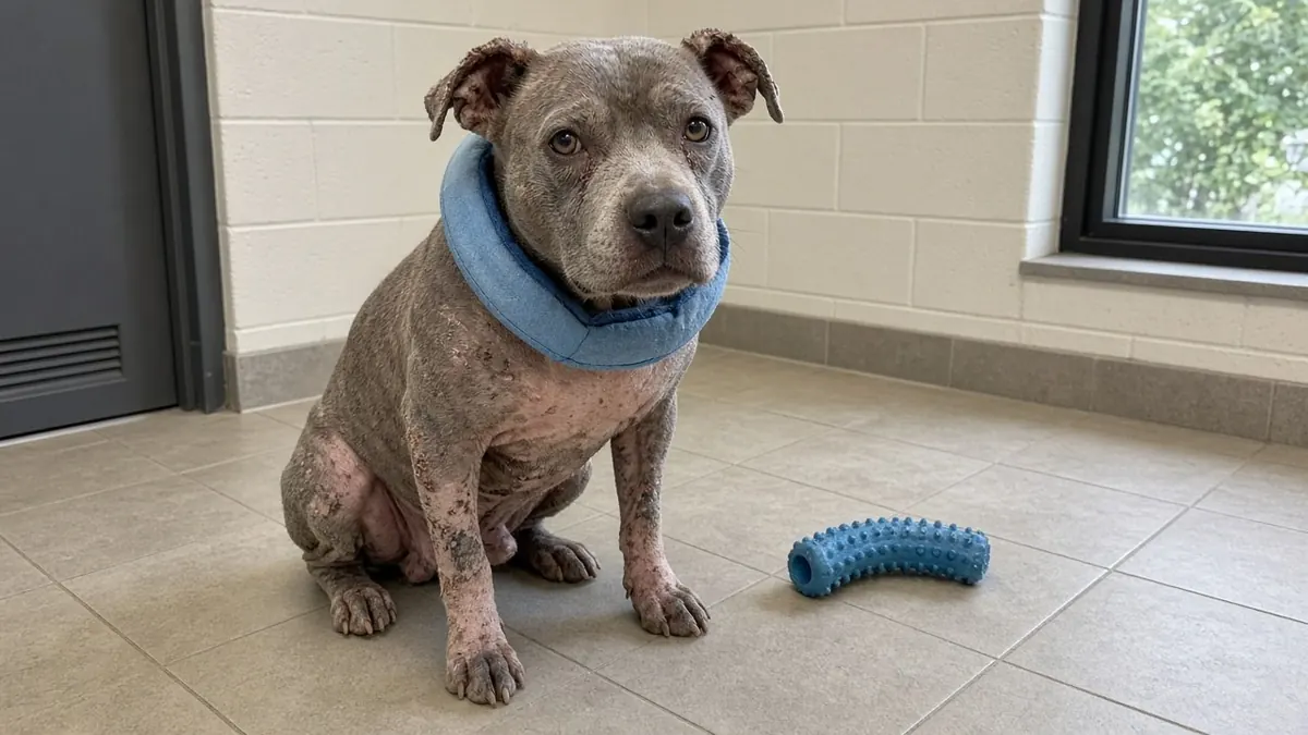 Illustrative photo: blue-grey pit bull mix with patchy hair loss wearing a soft recovery collar