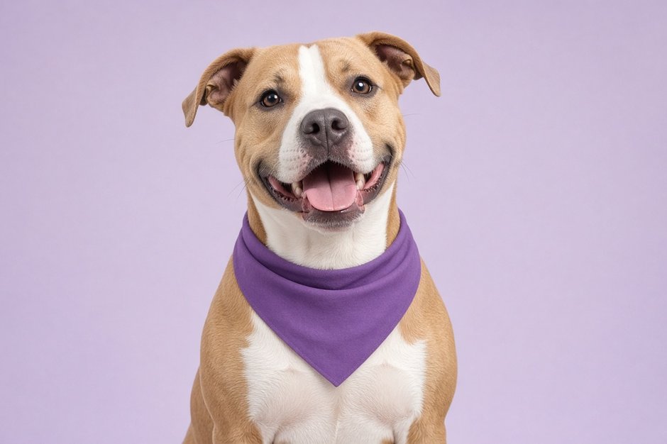 Healthy pitbull mix wearing a pink bandana, ready for adoption day